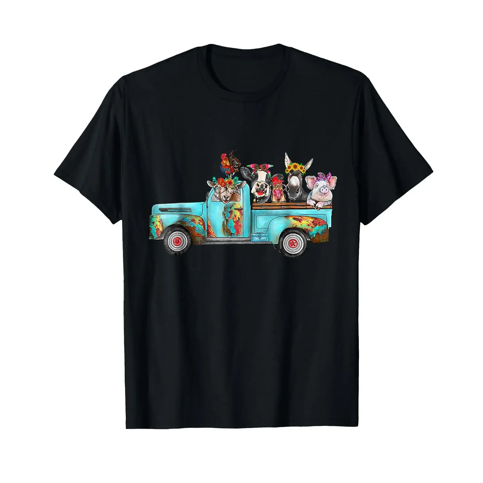 Farm Pickup Truck with Animals Farmer_s Wife Cow Girl T Shirt vintage Washed Breathable Unisex Slightly streetwear graphic