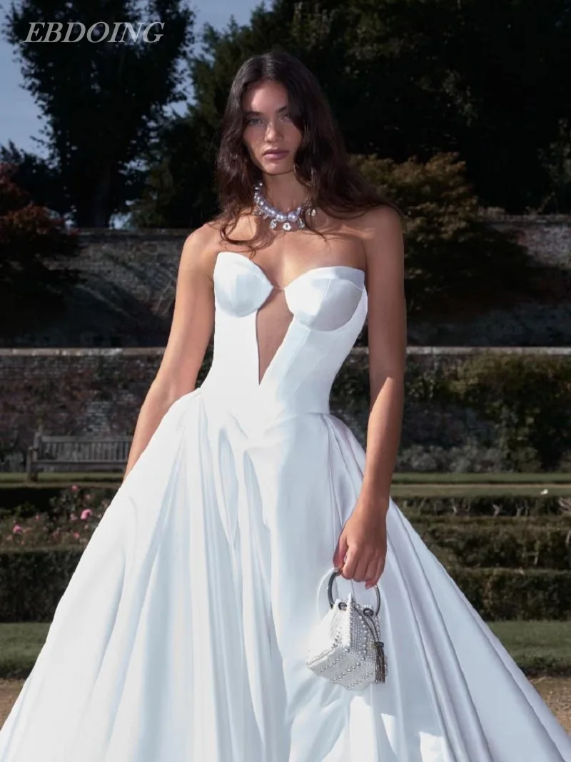 EBDOING Wedding Dress A-Line Satin Sexy Sweetheart Neckline Sleeveless Basque Customized Bride Gown