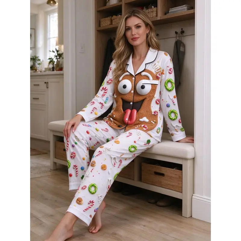 Women Christmas Pajama Set Cute Gingerbread Man Candy Cane Print Lapel Long Sleeve Button Down Sleepwear 2Pcs Ladies Xmas Holida