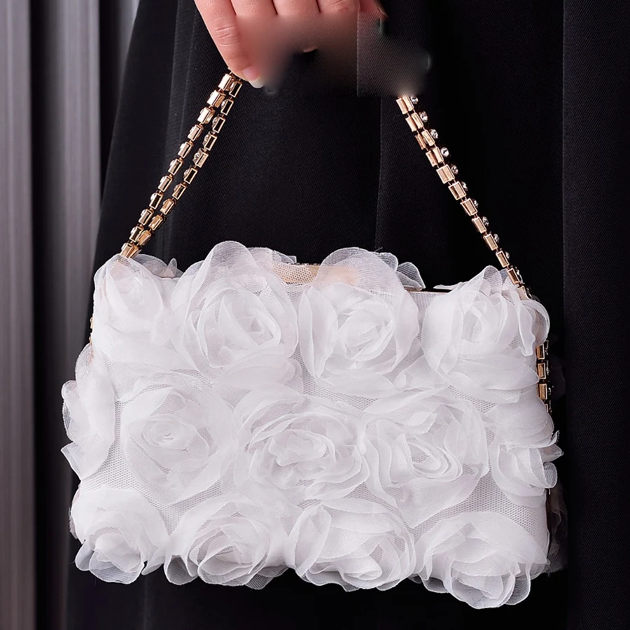 Fashion Box Chiffon Flower Dinner Clip Bag Summer Girl\'s Crystal Chains Small Square Shoulder Bag Flower Wedding Party Handbags