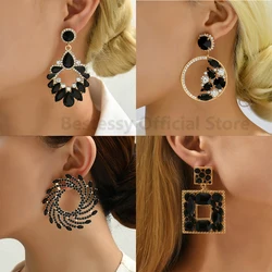 Elegant Black Crystal Chandelier Earrings For Women Luxury Designer Square Geometric Drop Ear Rings 2025 Trend Vintage Jewelry