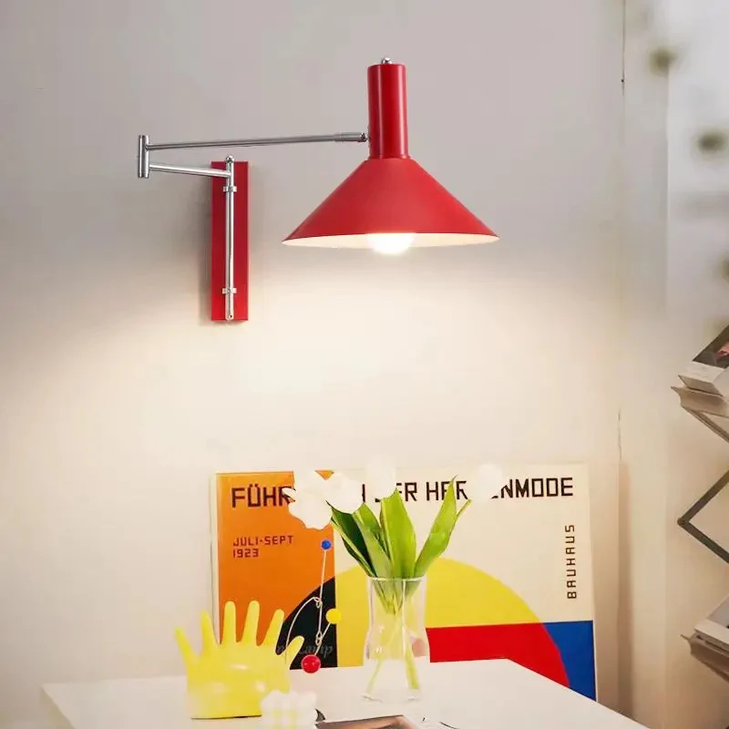 Industrial Red Telescopic Rotatable Wall Lamp Extendable Swing Arm Metal Cone Shade Bedside Study Wall Sconce