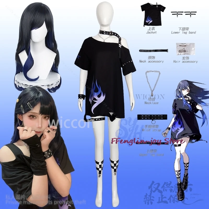 

Shiraishi An Cosplay Game Project Sekai Colorful Stage Anime Costume Black Fashion Long T-Shirt Hiphop Punk Jirai Kei Halloween