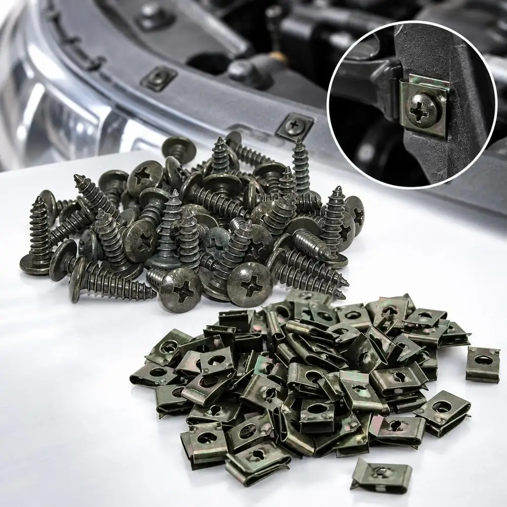 20-200PCS Car U-Type Fastener Clip And Screws Set Fender Bumper Protection Buckle Metal Sheet Screw Retainer Clips Kit