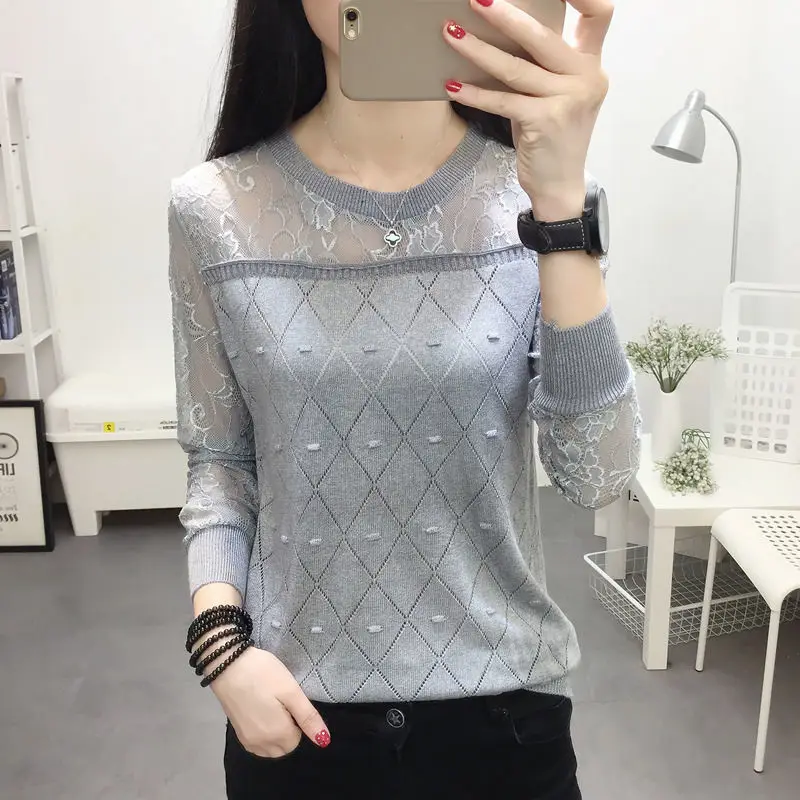 2022 Spring Summer Thin Long Sleeve Argyle Pattern Knitted Jumpers Women\'s Fashion All-match O-Neck Lace Spliced Solid Sweaters