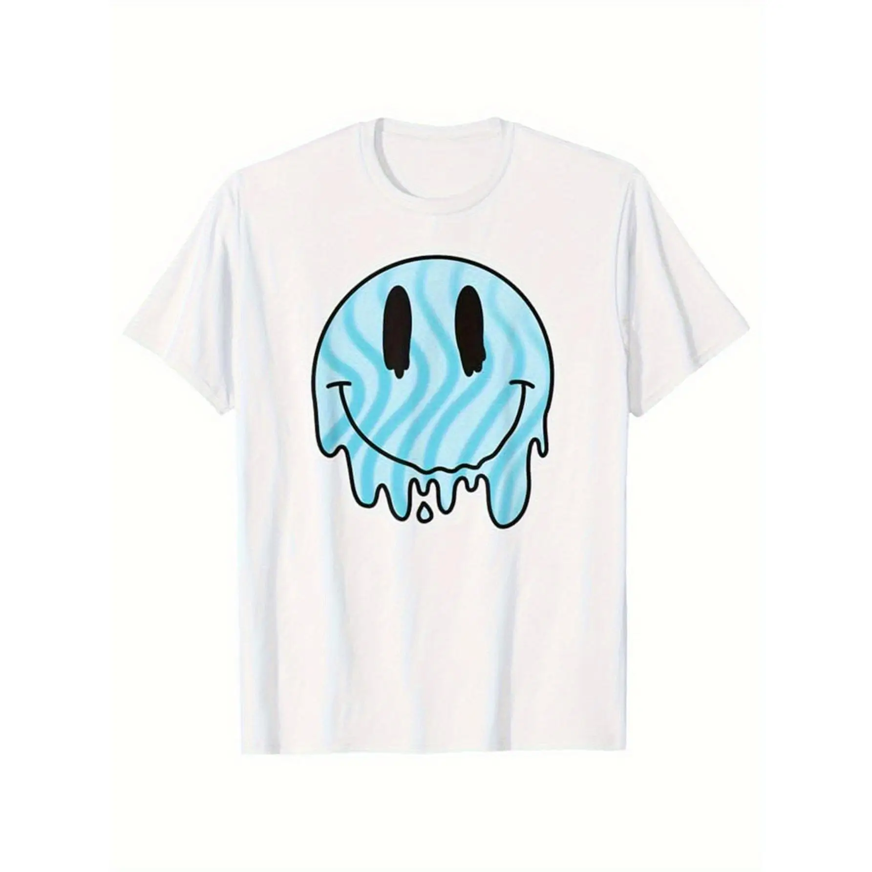 

Melting Smiley Face T-shirt Women Men Psychedelic Graphic Tee Blue Swirl Print Cool Funky Aesthetic Casual Tops