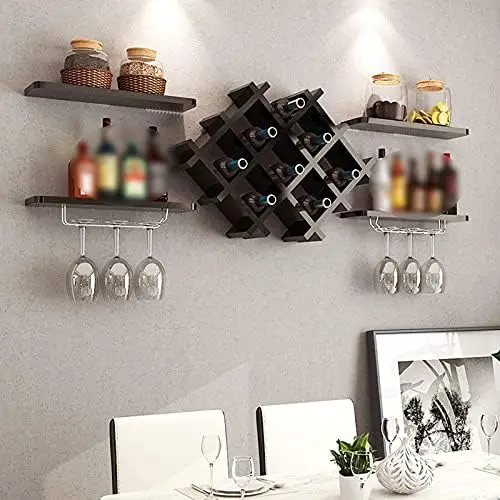 

Wall Mounted Wine Rack Organizer w/ Shelves and Glass Holder Modern -Shaped Wood Wine Server for 6 Bottles Wine Display Rack (W