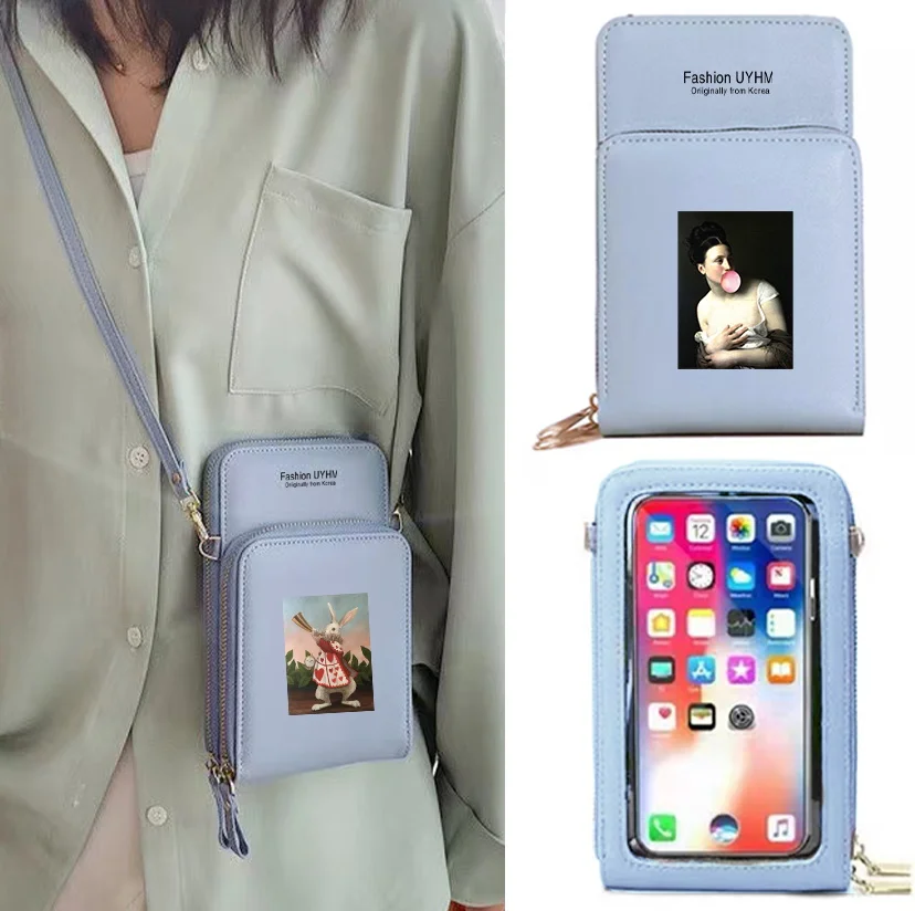 Women Pu Leather Wallets Card Holder Mobile Phone Bags Crossbody Shoulder Bag Funny Print Handbag Touch Screen Cell Phone Purse