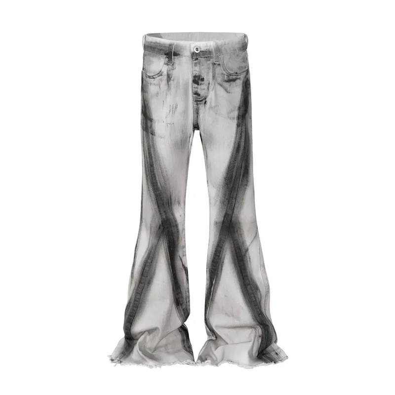 Heavy Retro High Street Style Dirty Jeans for men Contrasting Color Gradient Micro Horn Trendy Brand Floor Length Casual Pants K