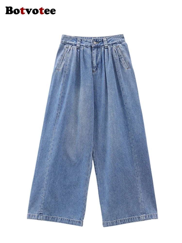 Botvotee Baggy-Cargo-Jeans mit weitem Bein und hoher Taille, Punk-Stil, Baggy, lockere blaue Denim-Hose, übergroße Y2k-Jeans