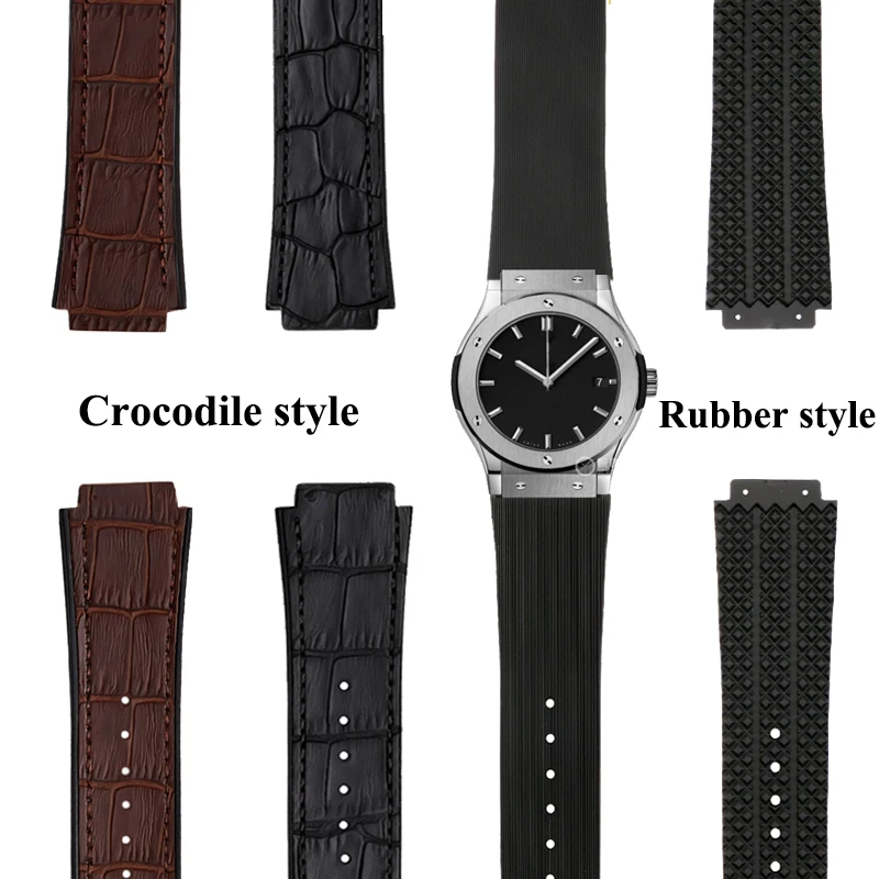 26x19mm 24x17mm Crocodile leather +  Rubber Watch Band For Hublot Big Bang Series Men\'s Watch Strap Chain Watch Accessories