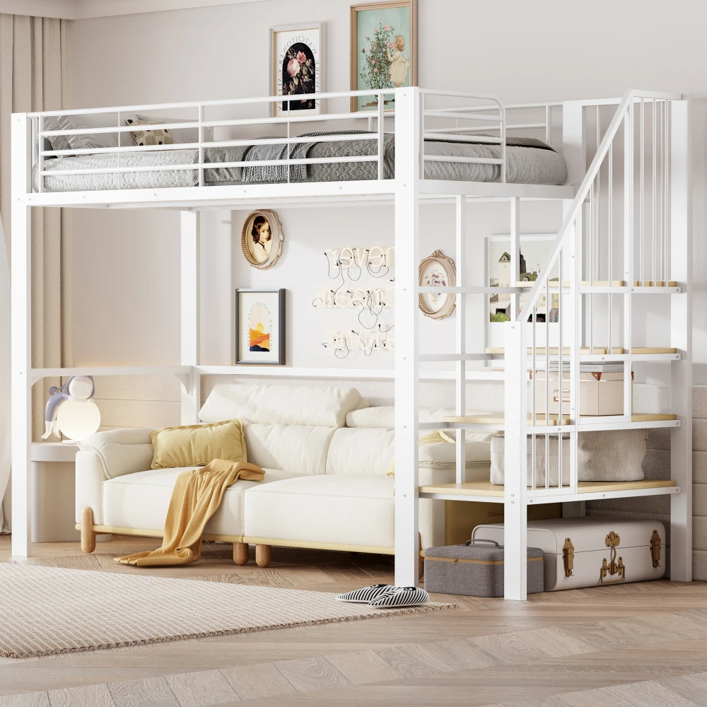 Stabiles Hochbett aus Metall, 90 x 200 cm/140 x 200 cm, mit geräumigem Stauraum unter dem Bett und Treppe für Kinder und Erwachsene, Bettgestelle und -gestelle – Detail 1