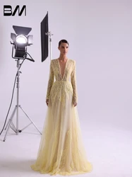 Stunning Yellow Embroidery Prom Dress Beads Sexy Deep V Neck Women Evening Dresses Cocktail A-line Formal Events Customized