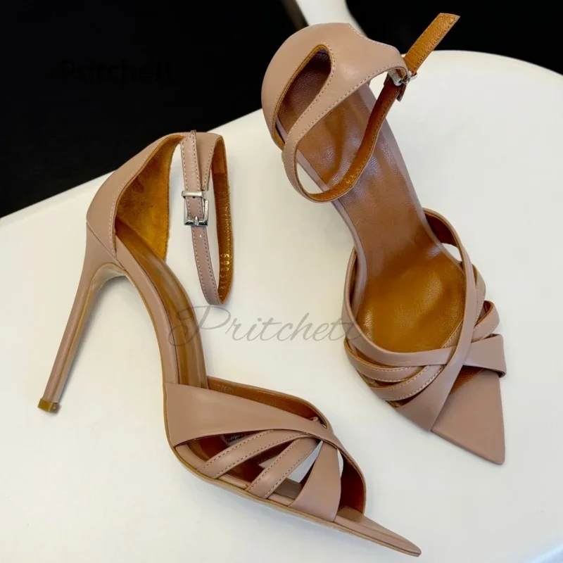 Cross Strap High Heels Sandals Women Trendy Open Pointy Toe Cover Heels Dress Ankle Strap Summer Party Office Lady Shoes