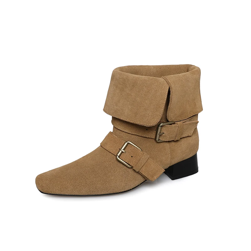 Women Western Boots New Trendy Chunky Heel Street Shoes Green Apricot Genuine Leather Ankle Boots Cowgirl Cowsuede Boots