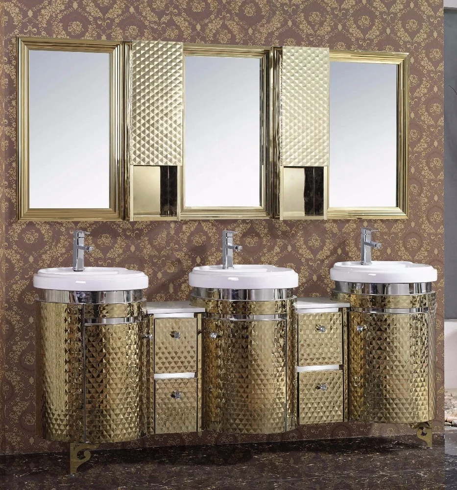 Luxury Golden Floor Standing Mirror Cabinets Single Sink Stainless Steel Bathroom Vanities