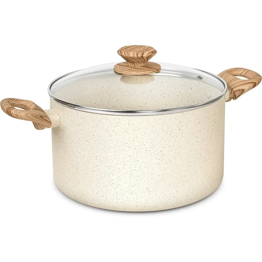 Nonstick Stock 6 Quart Cooking Pot with Lid Induction Soup White Granite Non Stick Pot with Stay-cool Handle