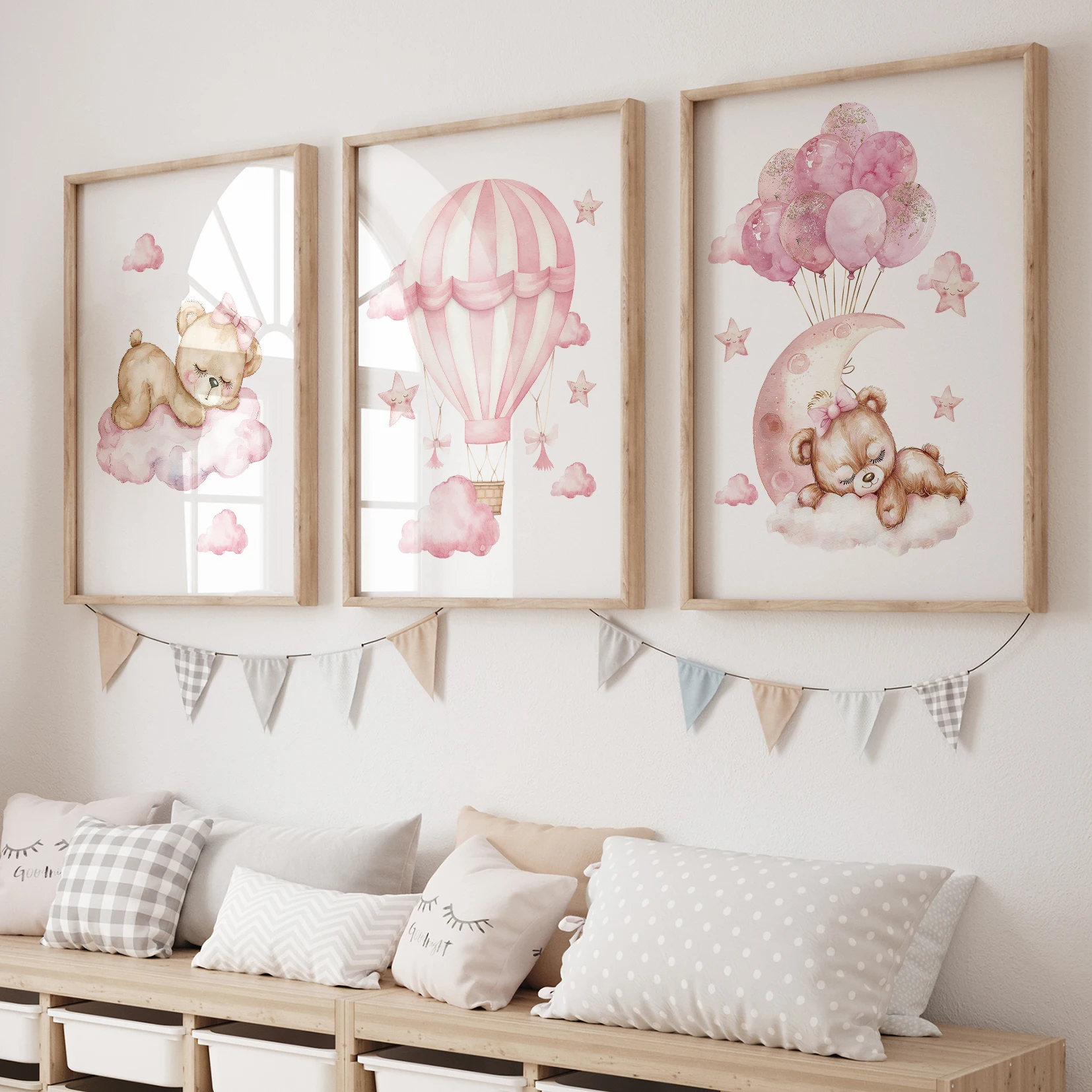 3pcs Cartoon Children Pink Teddy Bear Wall Art Prints Canvas Painting Poster Picture For Living Room Home Decor