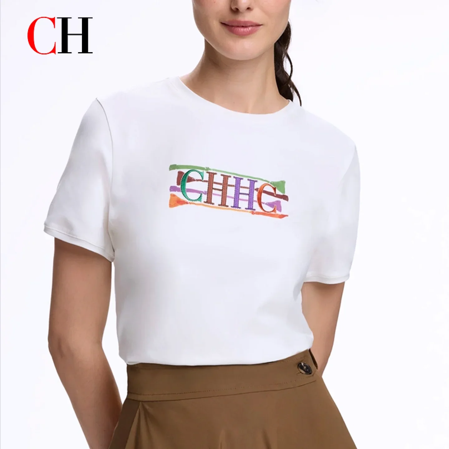 CH Women Letter Print White T Shirt Summer Casual Short Sleeve Tops Female Fashion O Neck Loose Fit Basic Tee Shirt Streetwear