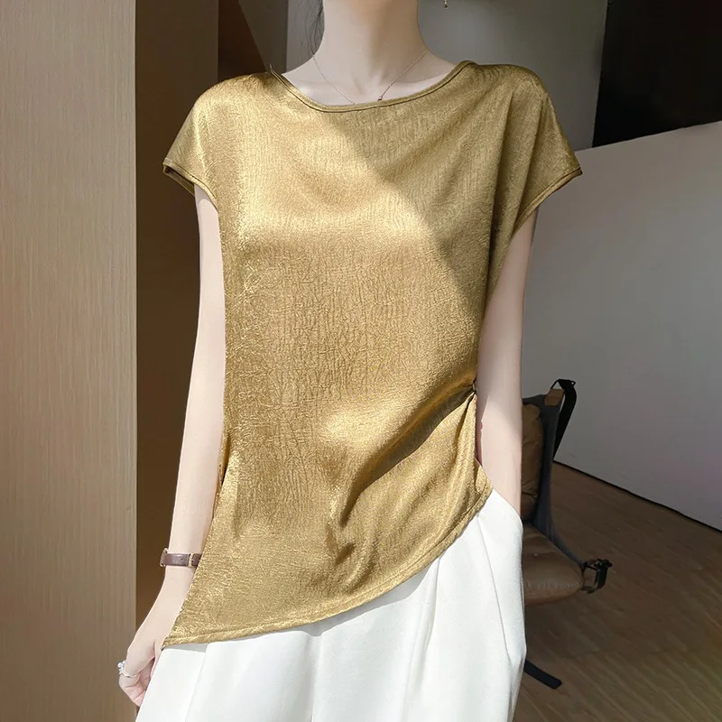 Simulation silk satin 2026 summer new round neck short-sleeved T-shirt femininity versatile solid color irregular top