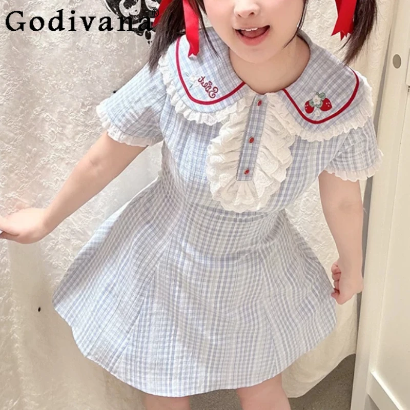 

Spring Summer Girl Sweet Peter Pan Collar Plaid Embroidery Dress Fashion High Waist A-line Age-reducing Short Sleeve Dresses