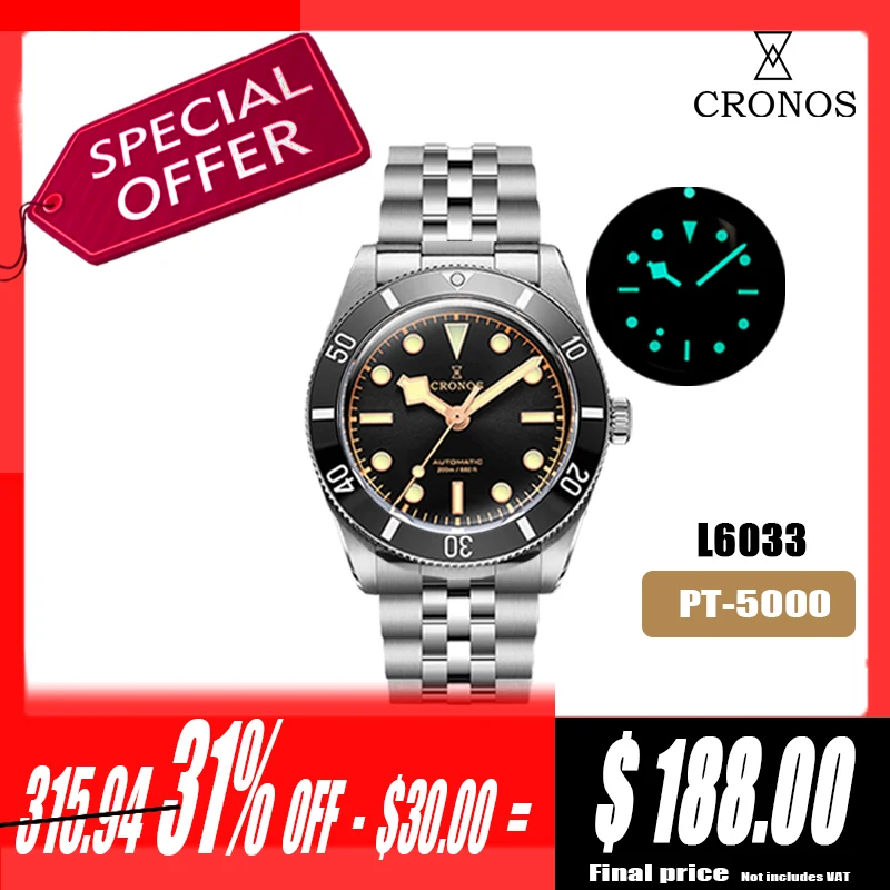 Cronos Luxury Men's Watches 37mm Diver BB54 Vintage Automatic Matt/ Aluminum Bezel Female End Links Sapphire 20 Bar L6033 M