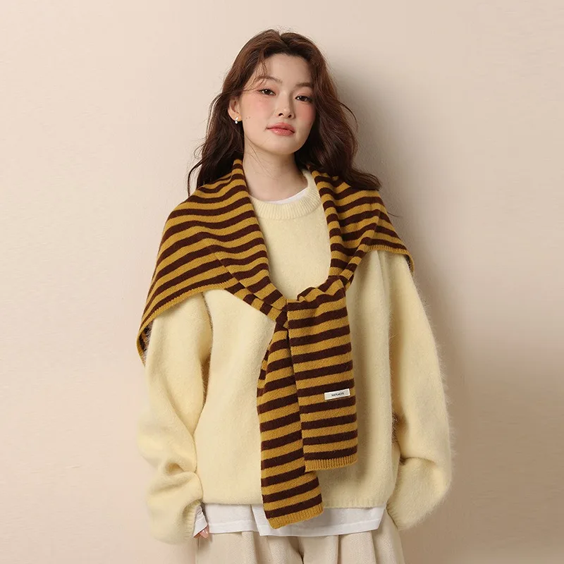 100% Wool Striped Shawl Women Office Warm Shoulder Wrap Black White Stripe Stylish Commuter T Shape Scarf