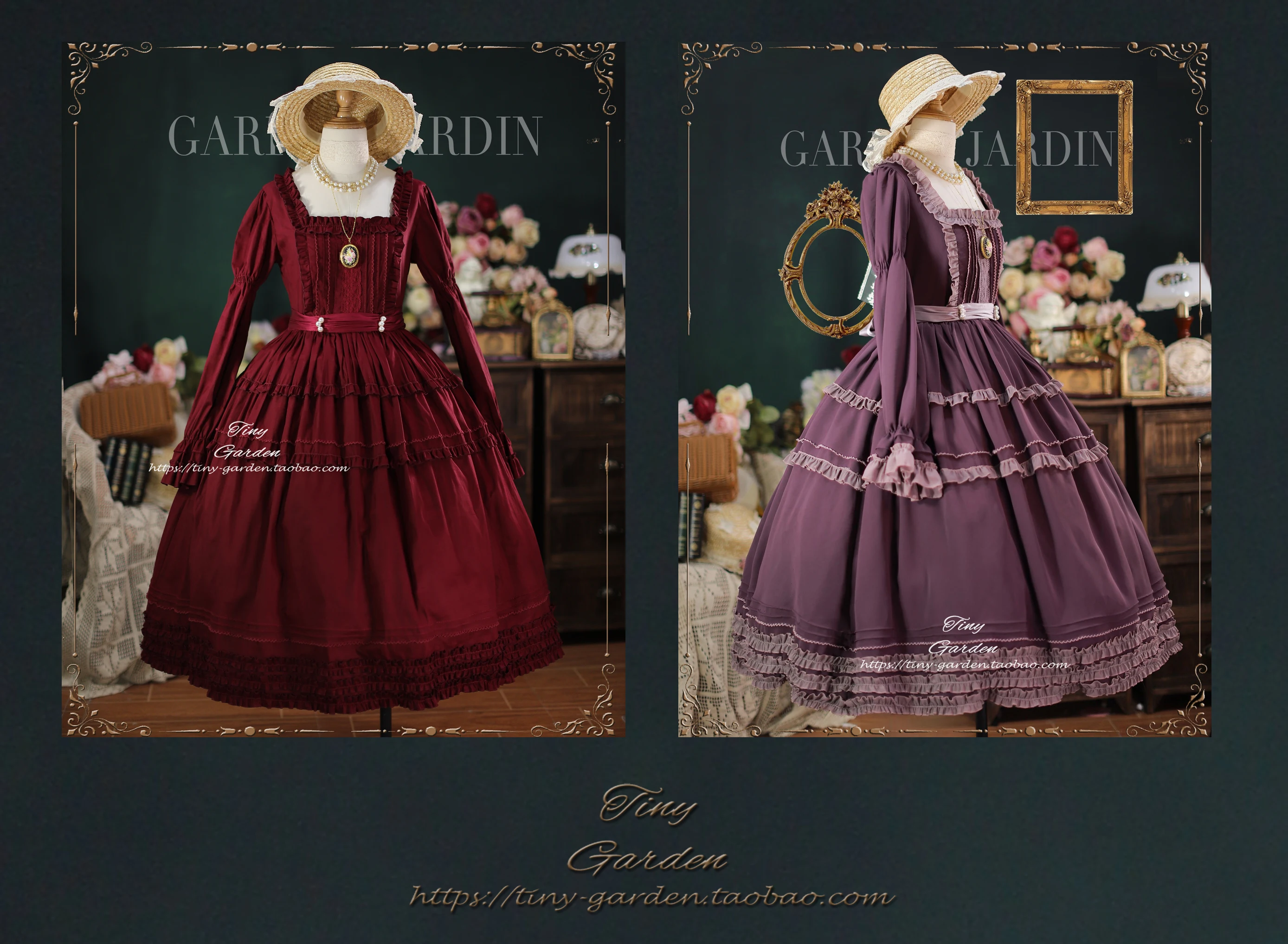 فستان طويل الأكمام للنساء بأكمام منتفخة أنيق لوليتا برقبة مربعة فستان أحمر الزعرور بدون حزام وإكسسوارات