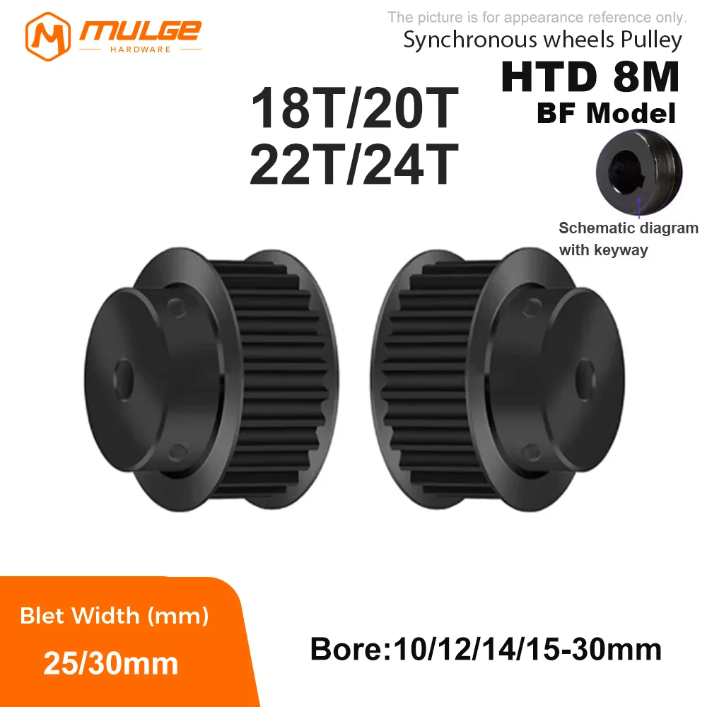 HTD 8M Timing Pulley 18T/20T/22T/24Teeth BF type 45# Steel HTD 8M Synchronous Wheel Bore 10-30mm for Belt Width of 25/30mm