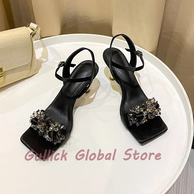 

Luxury Women Shoes Square Toe Rhinestone Shallow Ankle Buckle Stiletto Sandals Summer Dress Party Wedding Casual Comfortable