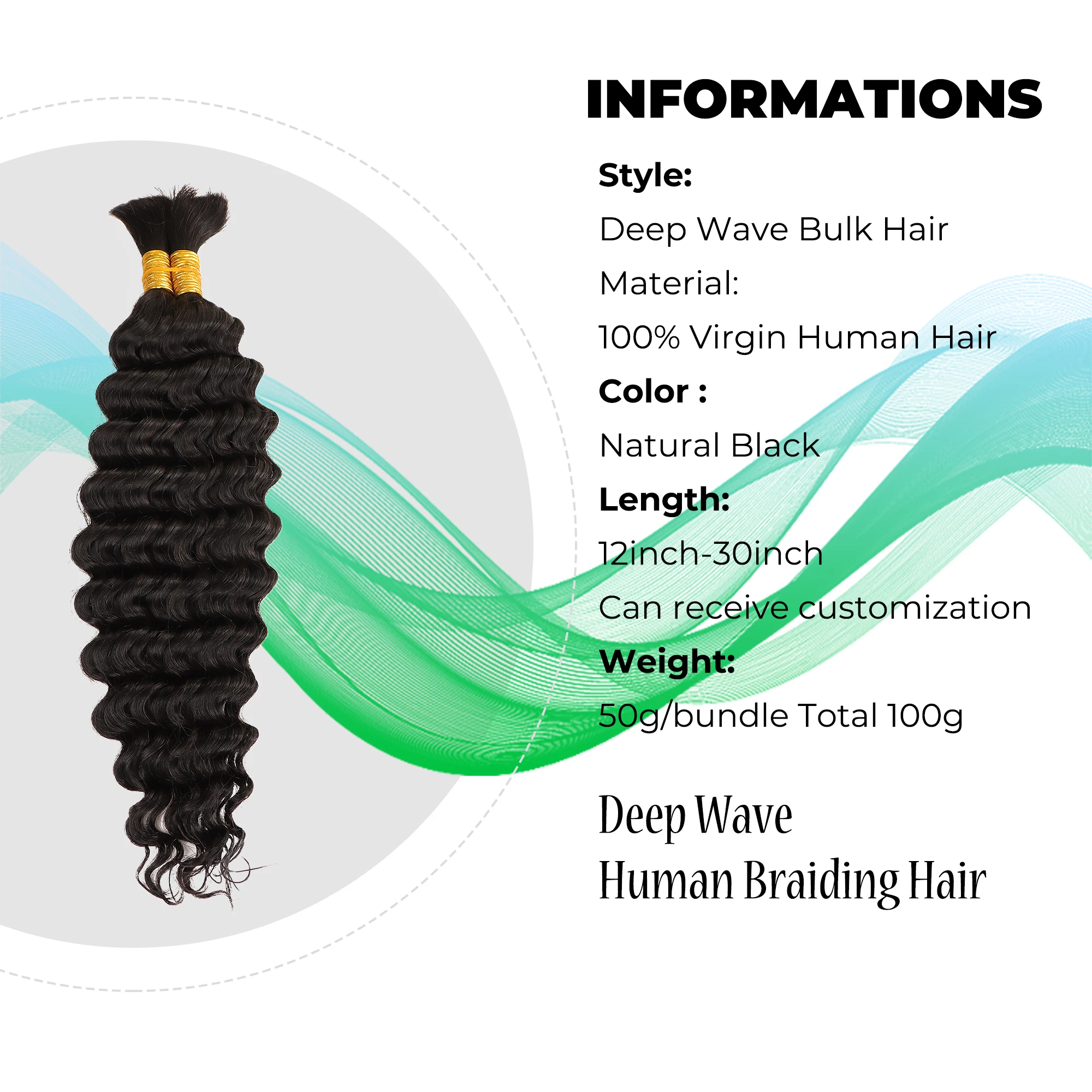 AHVAST 딥 웨이브 번들, 인모 벌크 헤어 익스텐션, 브레이드 천연 블랙 크로셰 브레이드, 100 g/pc