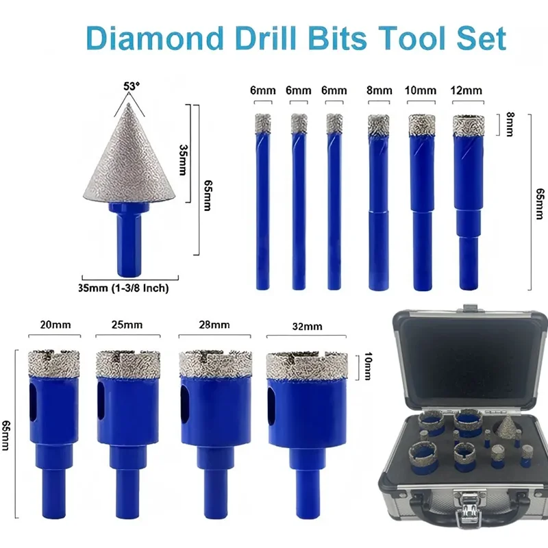 11Pcs Diamond Drill Milling Bits set Kit Tile Cutter for Ceramic Marble Granite Hole Saw Drill Diamond Cup Saw With Box