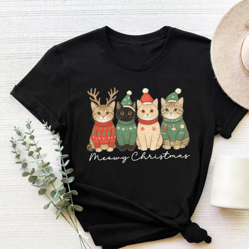 Christmas Cat Shirt Meow! Christmas Santa T-Shirt Happy Holidays Tops Christmas Tee Gift for Cat Lovers