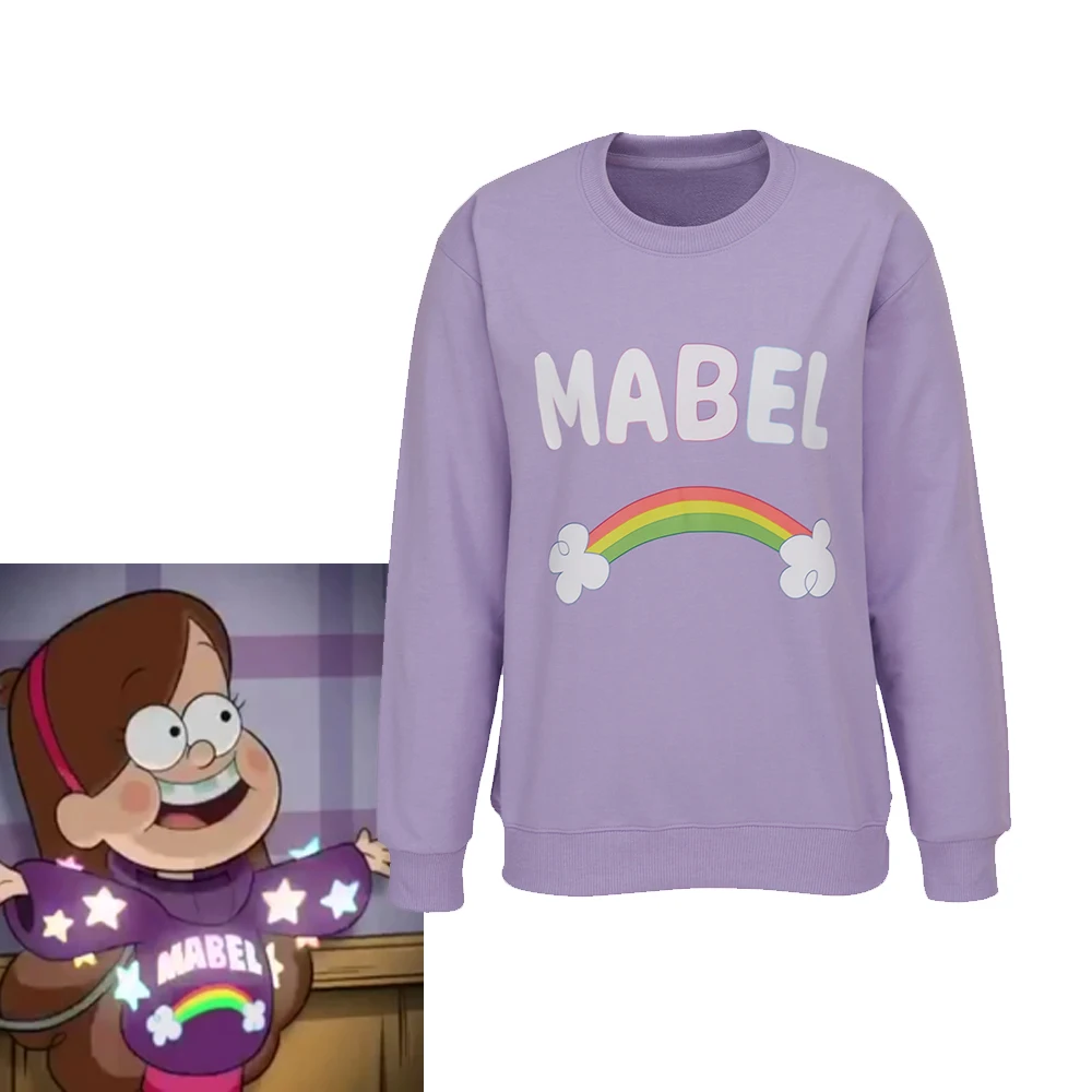 

Anime Character Mabel Pines Cosplay Costume Purple Rainbow Top Suit Halloween Party Adult Women's Long Sleeves Hoodie Top