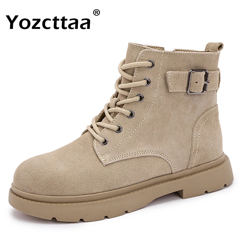 Yozcttaa Size 34-40 Women Ankle Combat Boots Suede Real Leather Hike Motorcycle Boots Casual Thick Heel Platform Shoes Fall 2025