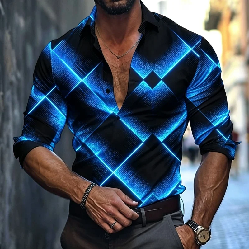 Men's lapel long sleeved diamond patterned printed shirt with single breasted slim fit trendy casual shirt