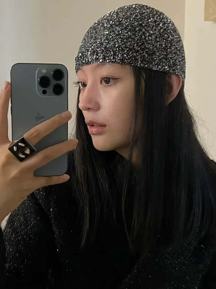 Korean Designer Y2k Shiny Cold Cool Street Sequined Knit Hat Spring Summer Girl Glitter Fashion Knitted Bag Head Beanie Hat