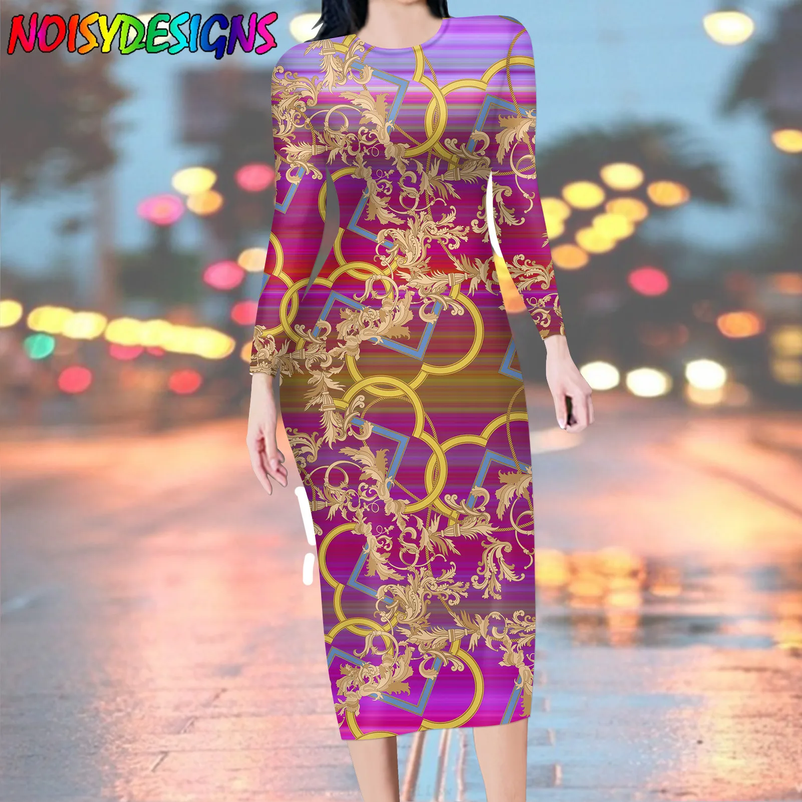 NOISYDESIGNS Ladies Fashion Long Sleeve Dress Women Elegant Round Collar European Pattern Luxury Red Dress Vestidos De Mujer