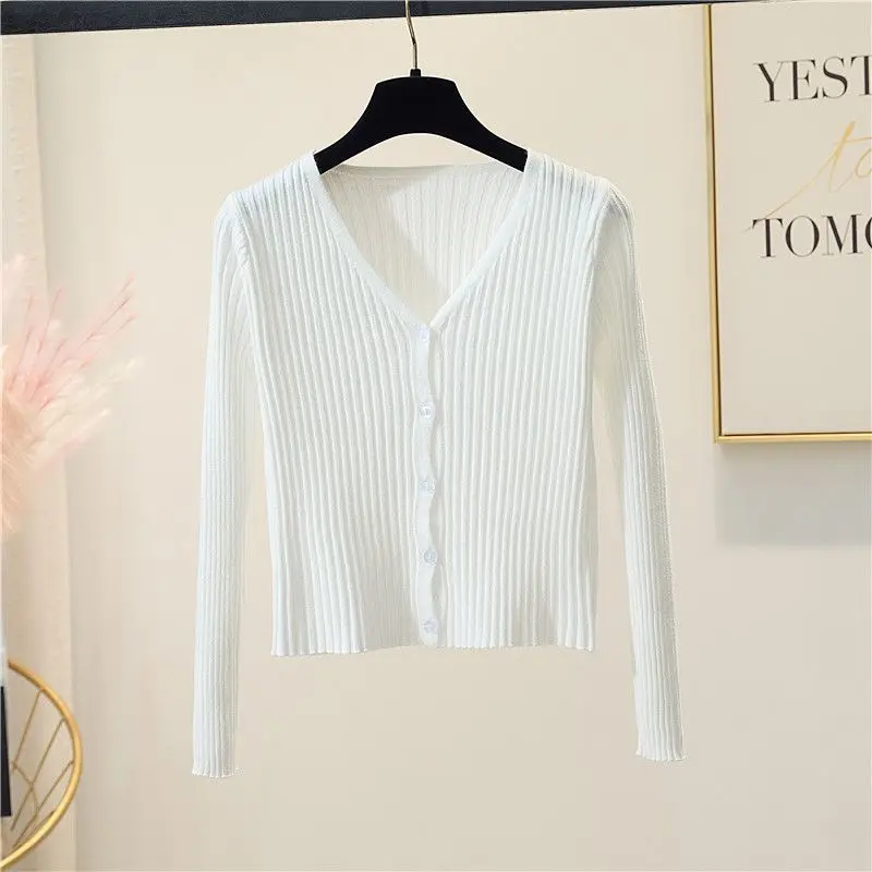 محبوك سترة المرأة بالأزرار جديد طويل الأكمام الخامس الرقبة الأبيض متماسكة سترة سترة المرأة بلايز تريكو Sueters De Mujer Q1093