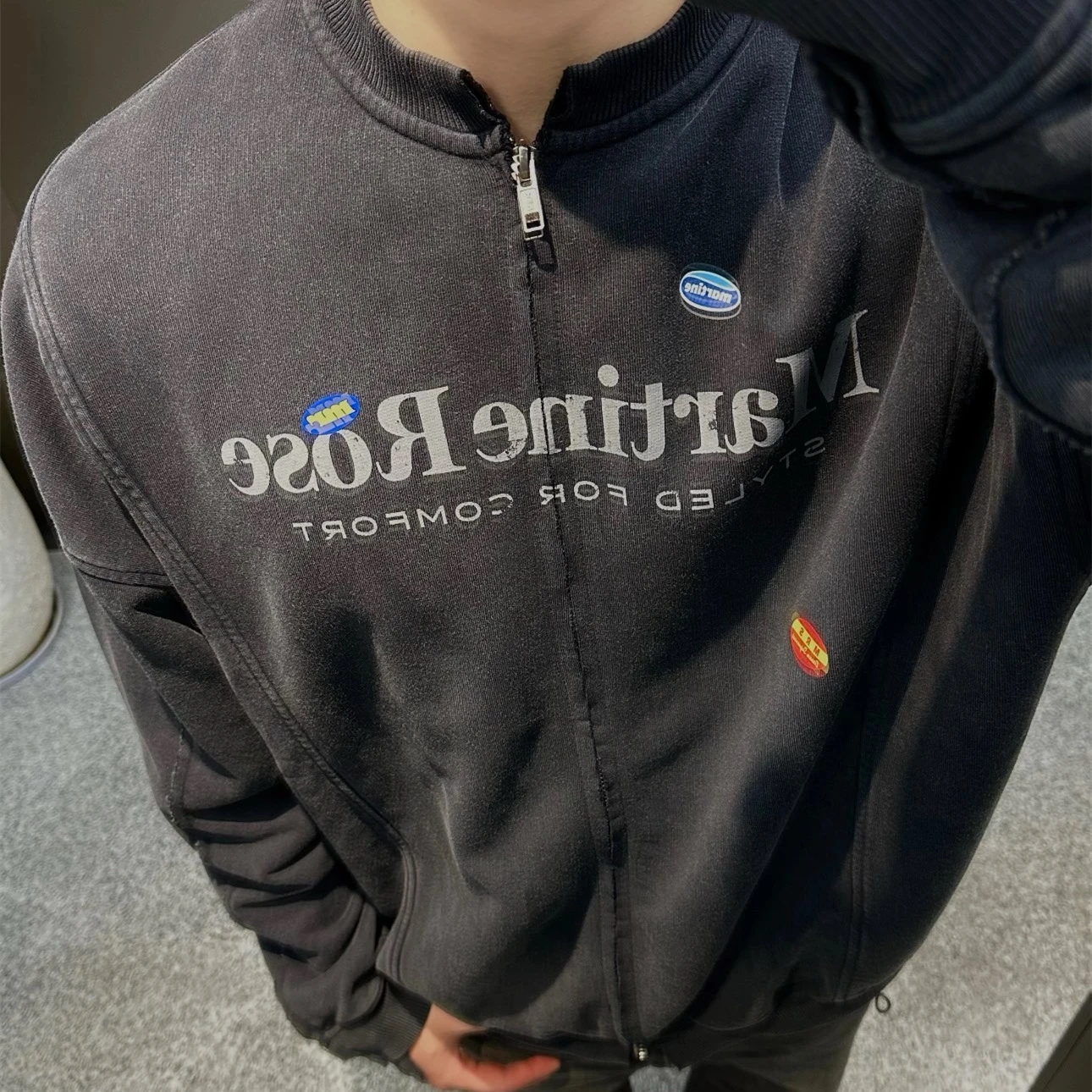 سترة بسحاب من MARTINE ROSE باللون الأسود المغسول، أفضل علامات معاطف سترة البيسبول عالية الجودة