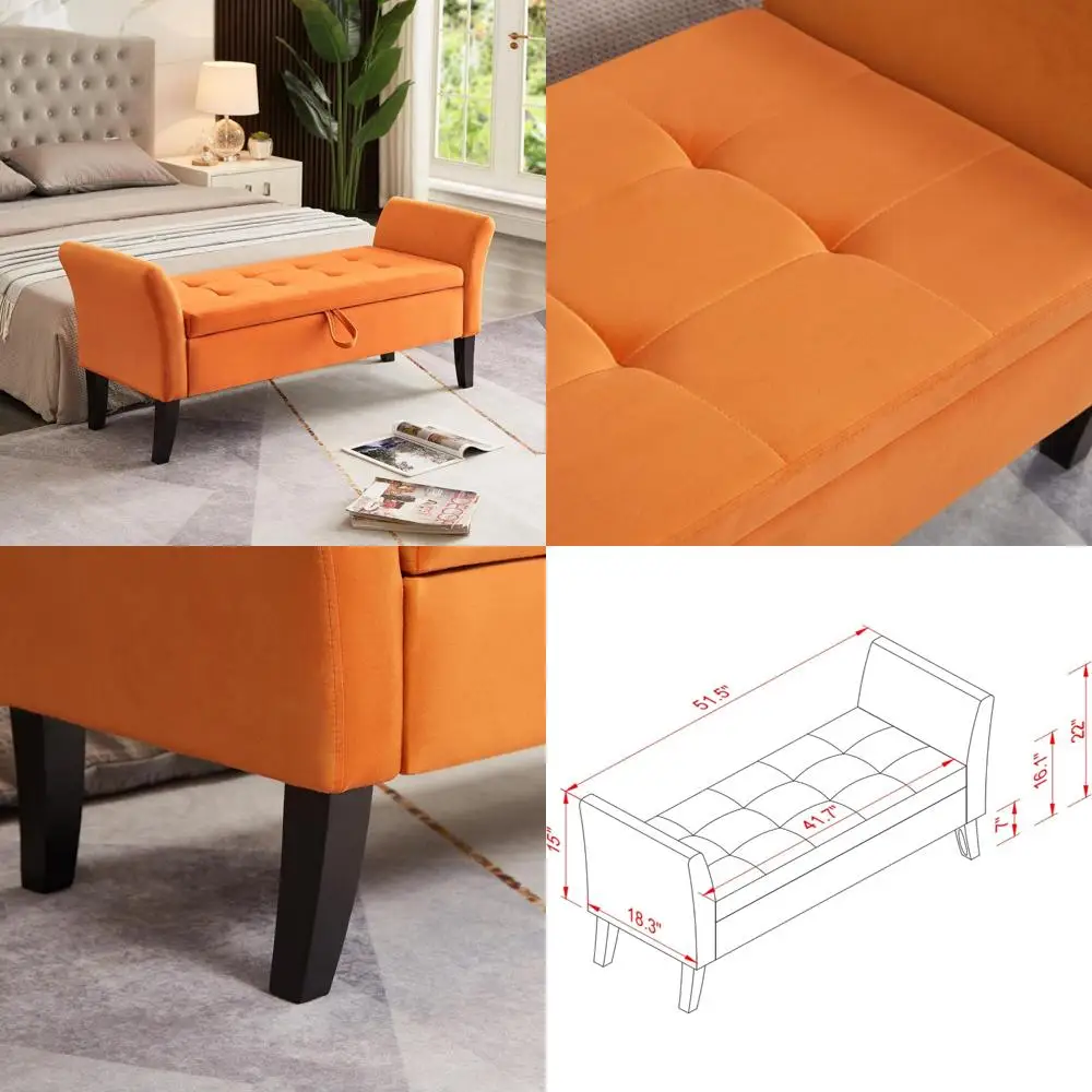 Modern Velvet Upholstered Storage Ottoman Bench, 51 Inch, Wood Accented Entryway Furniture for Living Room