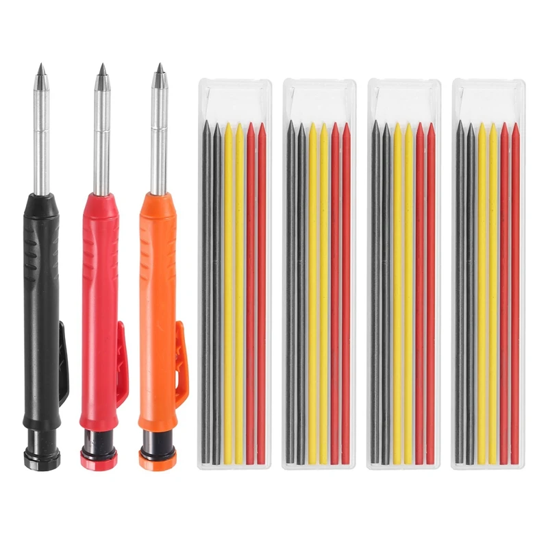 Solid Carpenter Pencil Set With Refill Leads Built-In Sharpener Deep Hole Mechanical Drawing Pencil Woodworking Tool