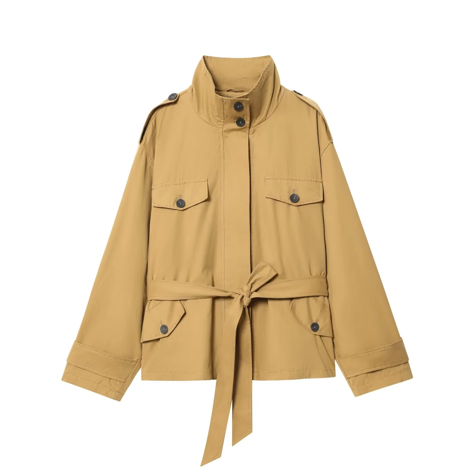 

PB&ZA2025 autumn new women's casual fashion simple loose stand-up collar workwear waist short windbreaker jacket
