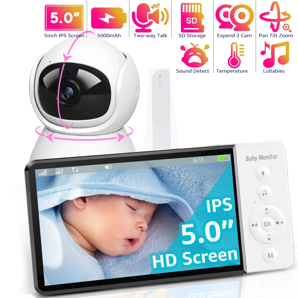 

5''Display Baby Monitor Pan-Tilt-Zoom Video Baby Monitor with Camera and Audio Night Vision 2-Way Talk Temperature 8 Lullabies