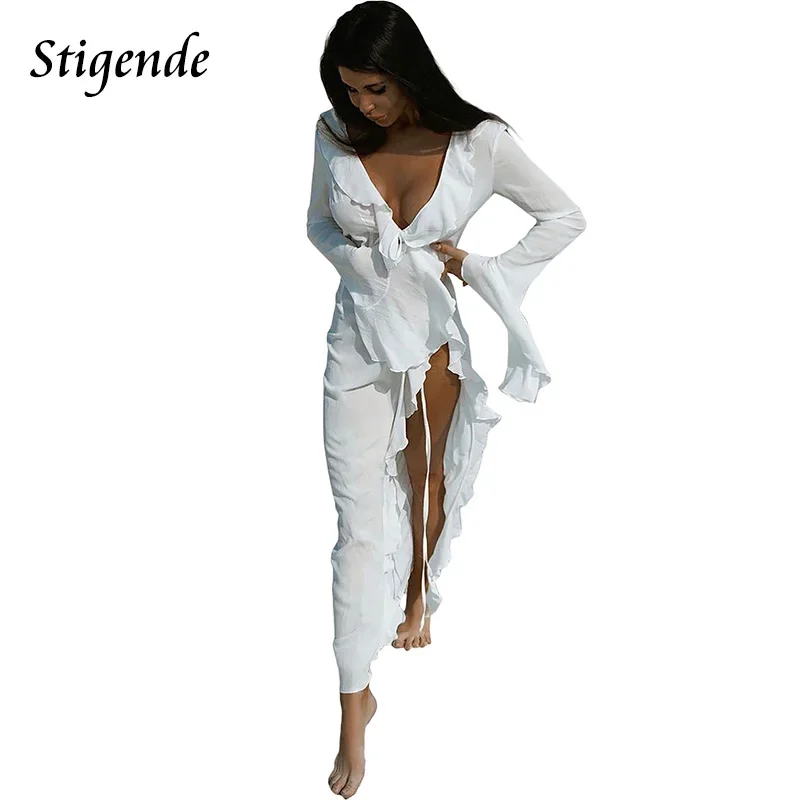 Stigende Beach Long Cover Ups Women Summer Full Sleeve Ruffles Dress
