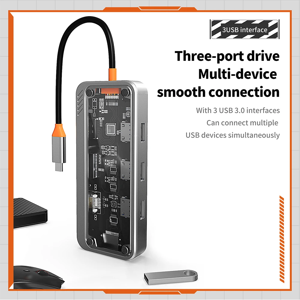 USB C HUB 10 in 1, stasiun Dok 4K30Hz Tipe C ke HDMI, kompatibel dengan RJ45 Ethernet PD100W untuk MacBook iPad Huawei ponsel Sumsang