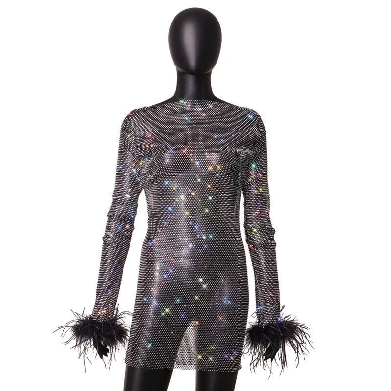 Damen Voll-Strass Netz-Bodycon-Minikleid mit Straußenfedern-Manschette, Langarm, Durchsichtig, für Nachtclub, Geburtstag, Abendveranstaltungen – Detail 6