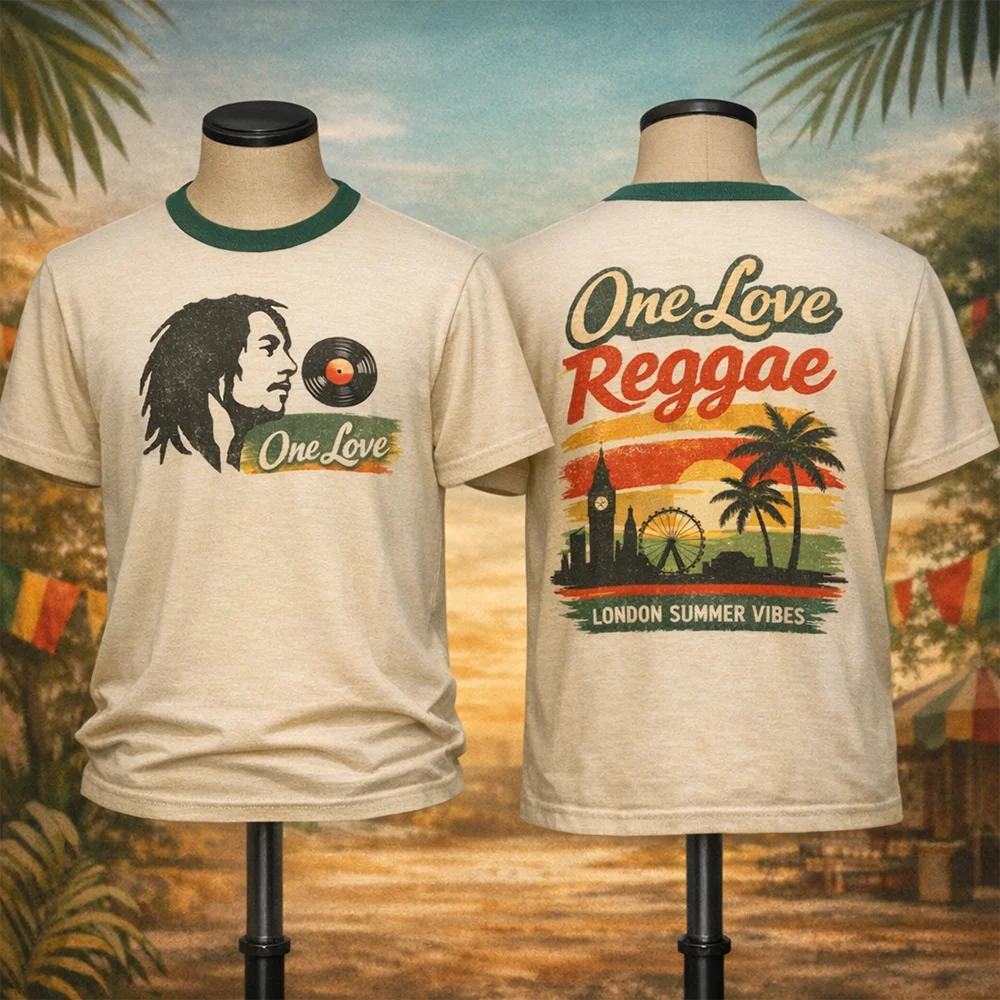 One Love Reggae Eltern-Kind Unisex T-Shirt im Vintage Bob Marley Stil London Summer Vibes Atmungsaktives Ringer-Kurzarm-Outfit – Detail 2