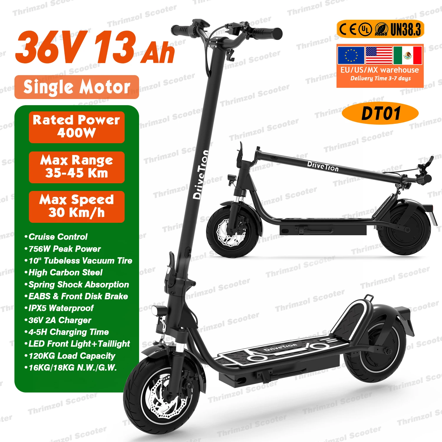 

USA Adult 10inch Tubeless Tires Trottinettes Electriques 30km/h Speed 18.6mph 40KM Long Range 36V 13Ah 800W Electric Scooter