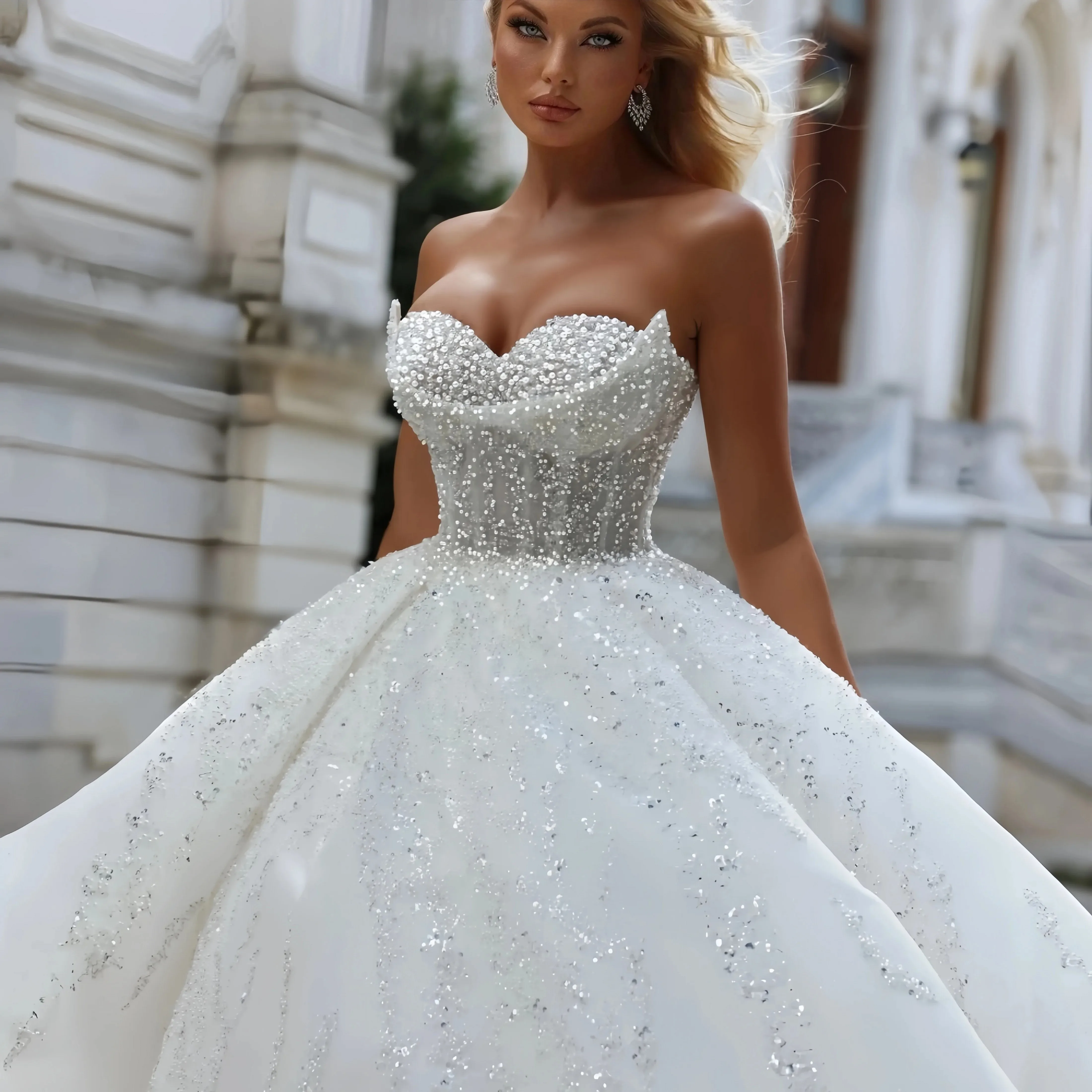 

2026 Luxury Ball Gown Wedding Dress Sparkly Sweetheart Sequins Pearls Lace Up Bride Dresses Arabic Dubai Robe De Mariee